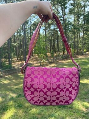 Coach Pink Signature Jacquard Saddle Shoulder Bag